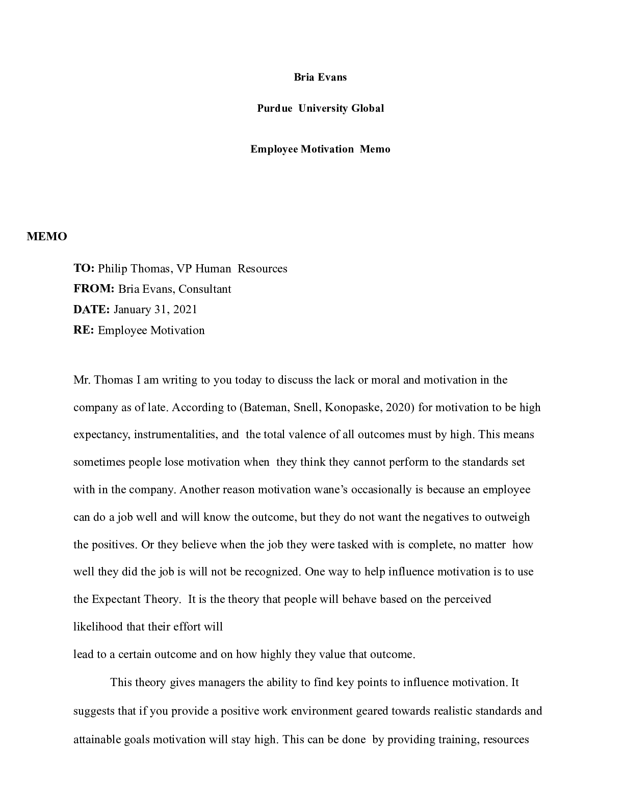 Preview image for Memo.docx(1)    Bria Evans  Purdue  University Global   Employee Motivation  Memo  MEMO  T